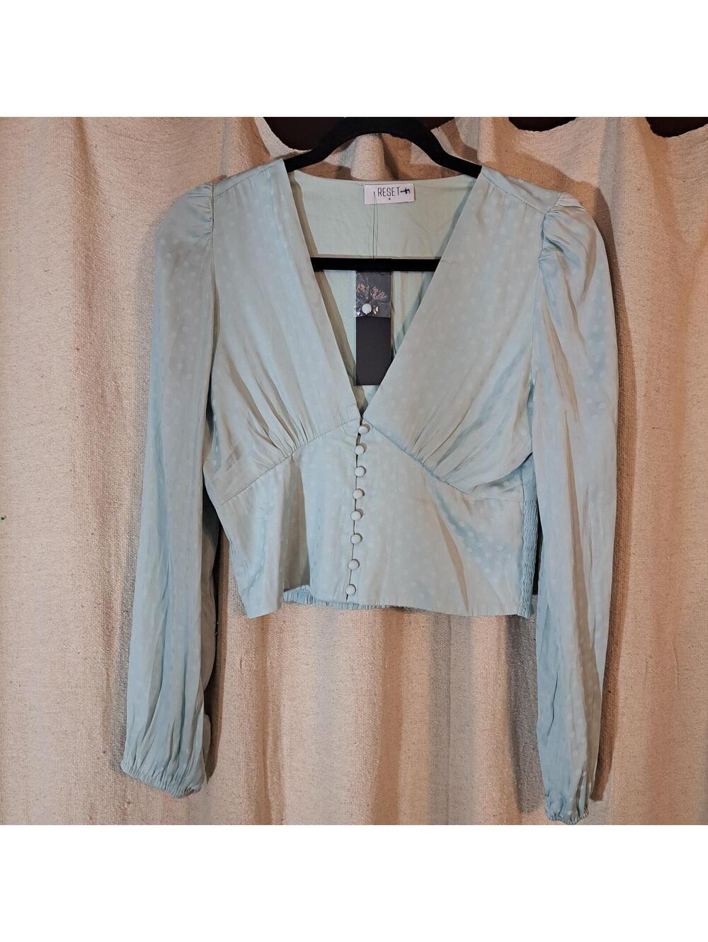 RESET Light GreenLong Sleeve Button Front Blouse, Medium